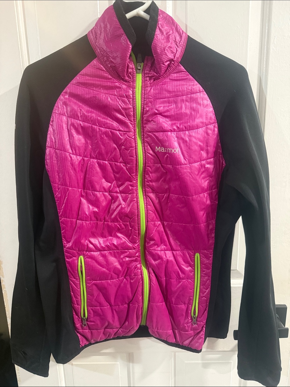 Marmot Hot Pink and Black Quilted Hybrid Jacket with Lime Accents